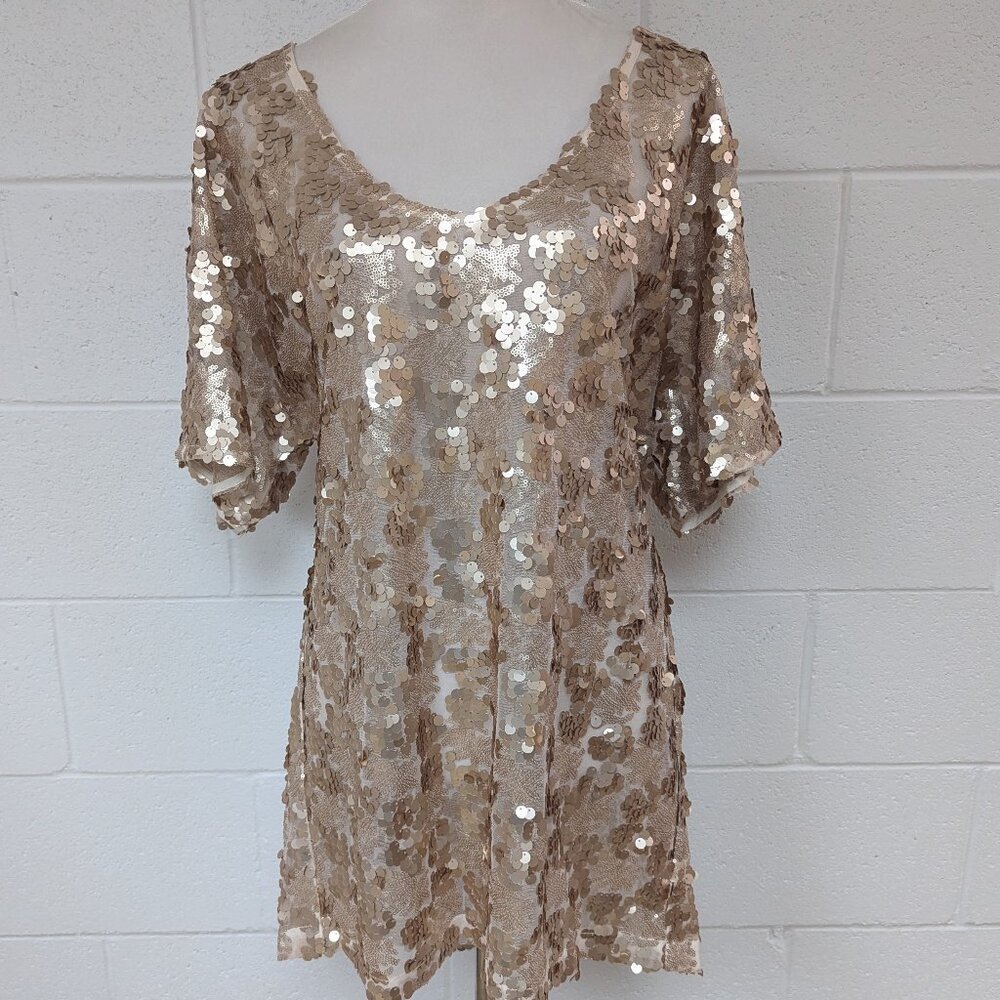Free People Gold Sequin Semi-Sheer T-Shirt Dress, Small